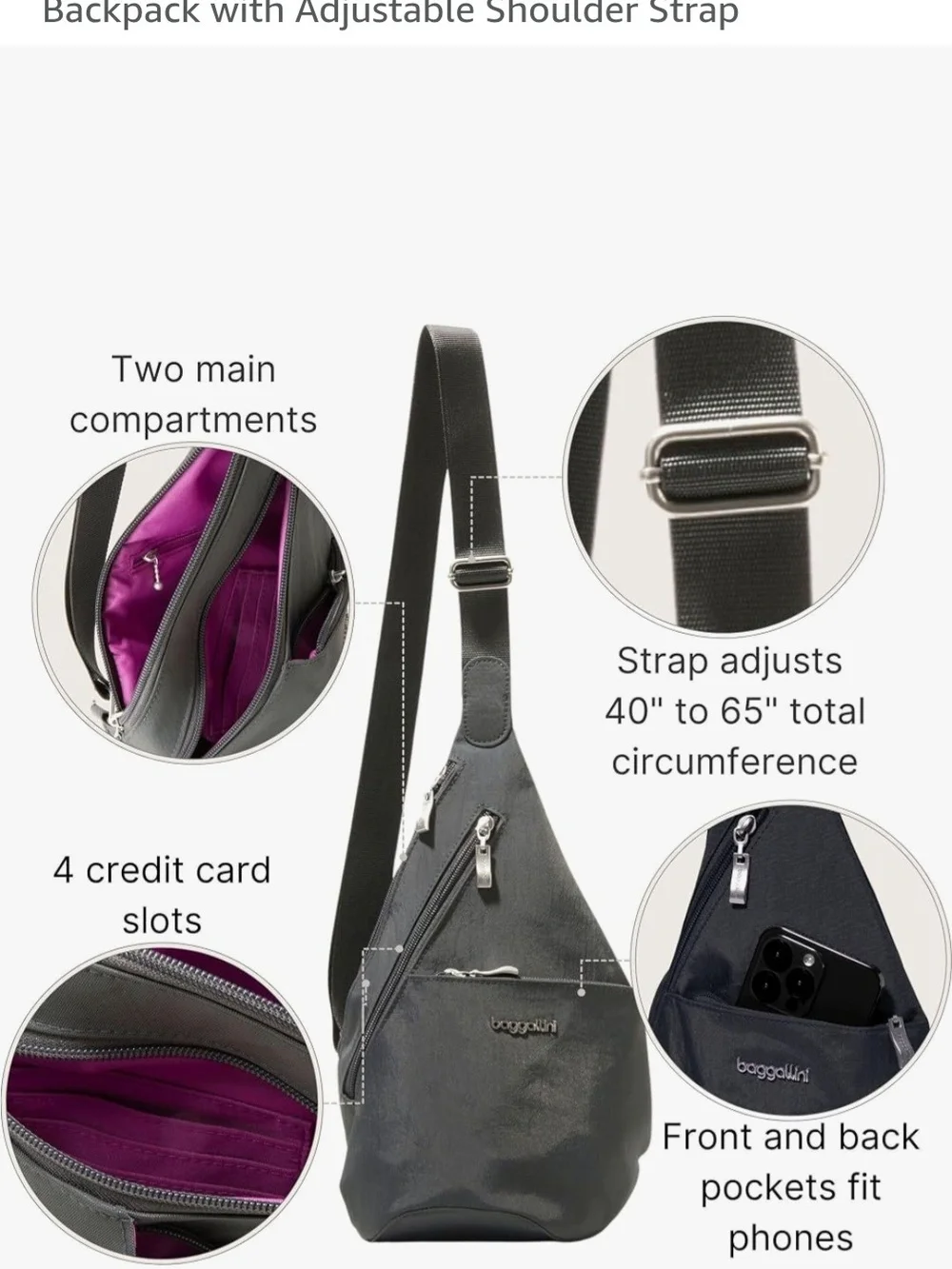 Baggallini Black Mini Crossbody Sling Lightweight Nylon Secure Travel Compact
